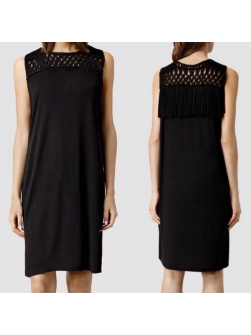 All Saints Simmo Tee Crochet Macrame Fringe Dress: Black
